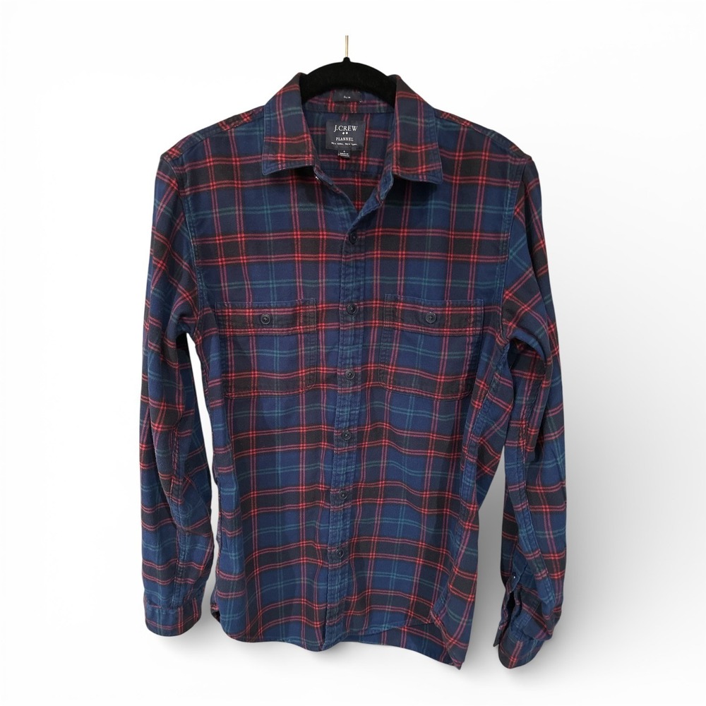 J.Crew Slim‎ Fit Flannel Shirt Mens Small Navy Red Tartan Plaid Cotton
